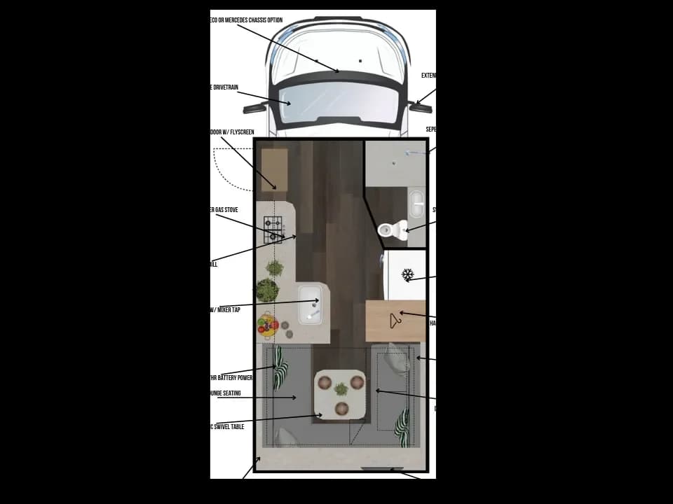 Suncamper Saxby V-2 floorplan with labelled features