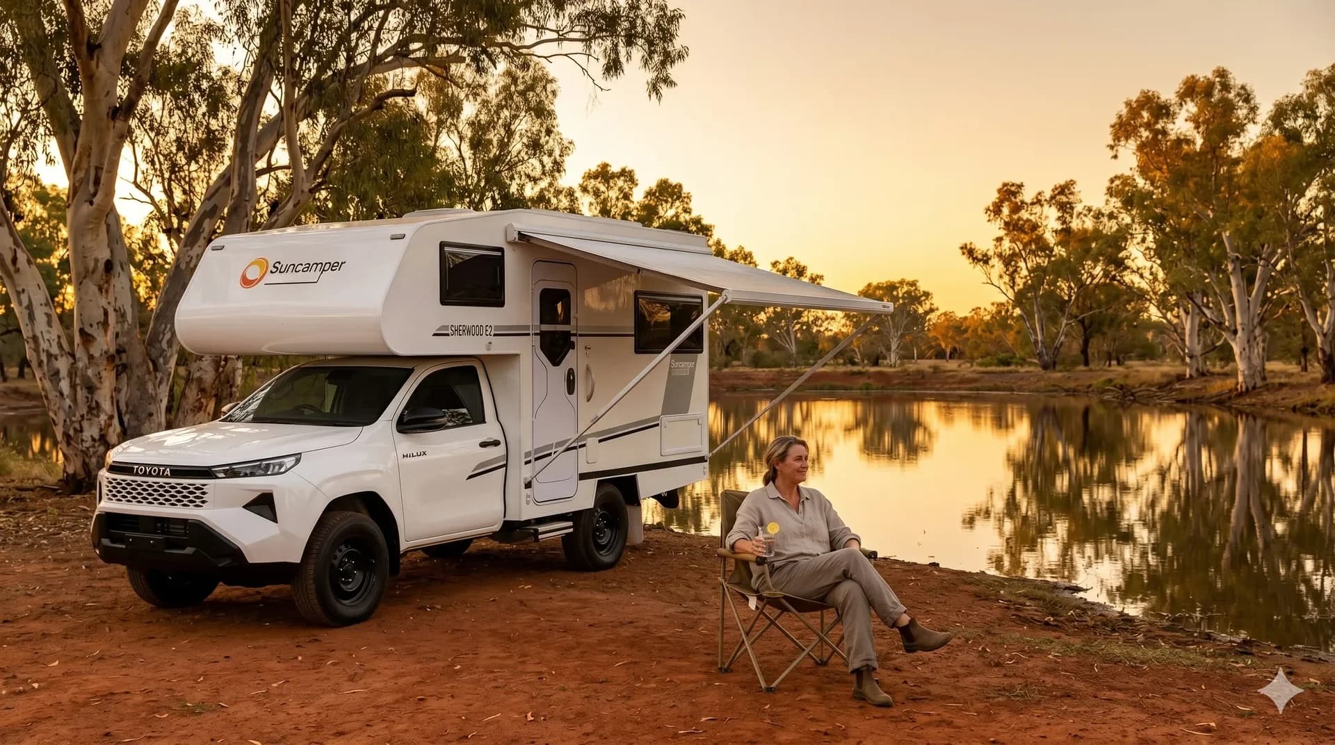 Suncamper motorhome on a red dirt road in outback Australia
