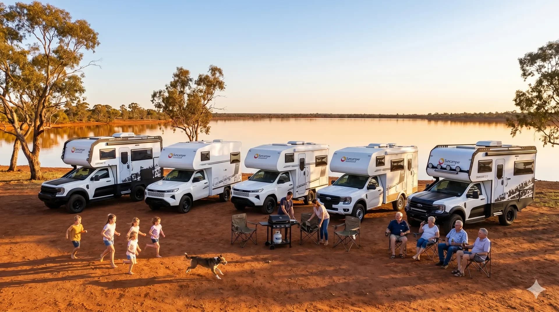 Sherwood compact motorhome on a remote Australian outback track at sunset