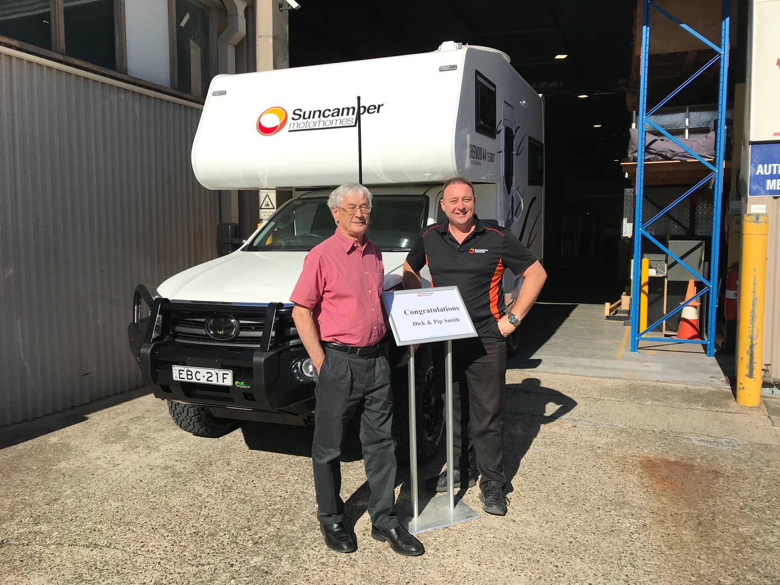Dick and Pip Smith taking delivery of their Suncamper Sherwood motorhome at the Thornleigh factory