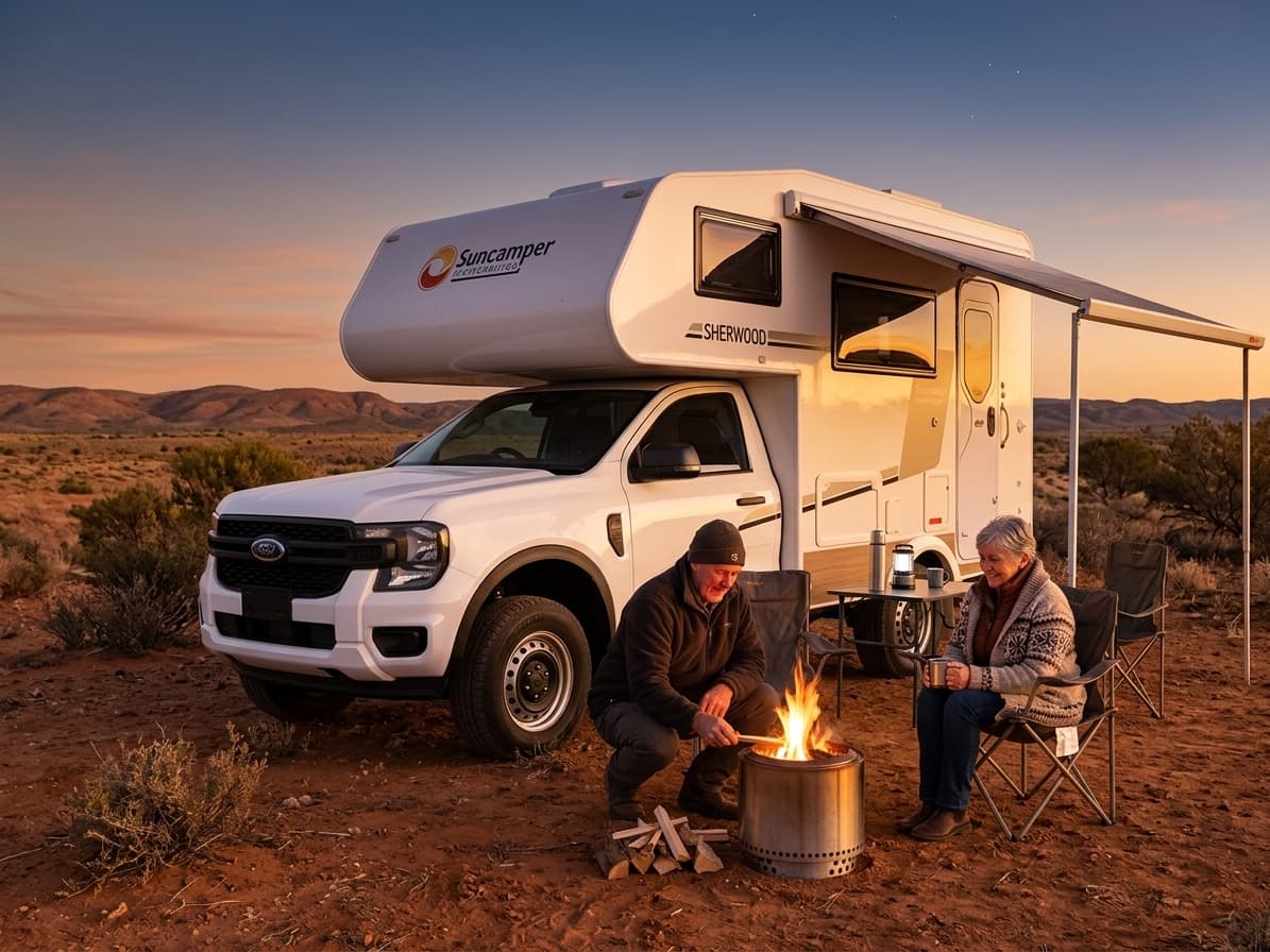 Suncamper Sherwood set up at camp with campfire, Mundi Mundi Plains NSW
